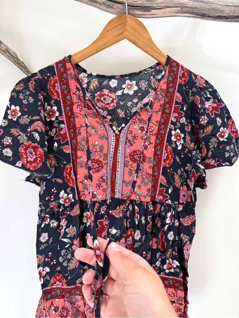 Shein | Women’s Boho Navy Coral Bohemian Floral Blouse Top Viscose Medium GUC - Picture 4 of 8